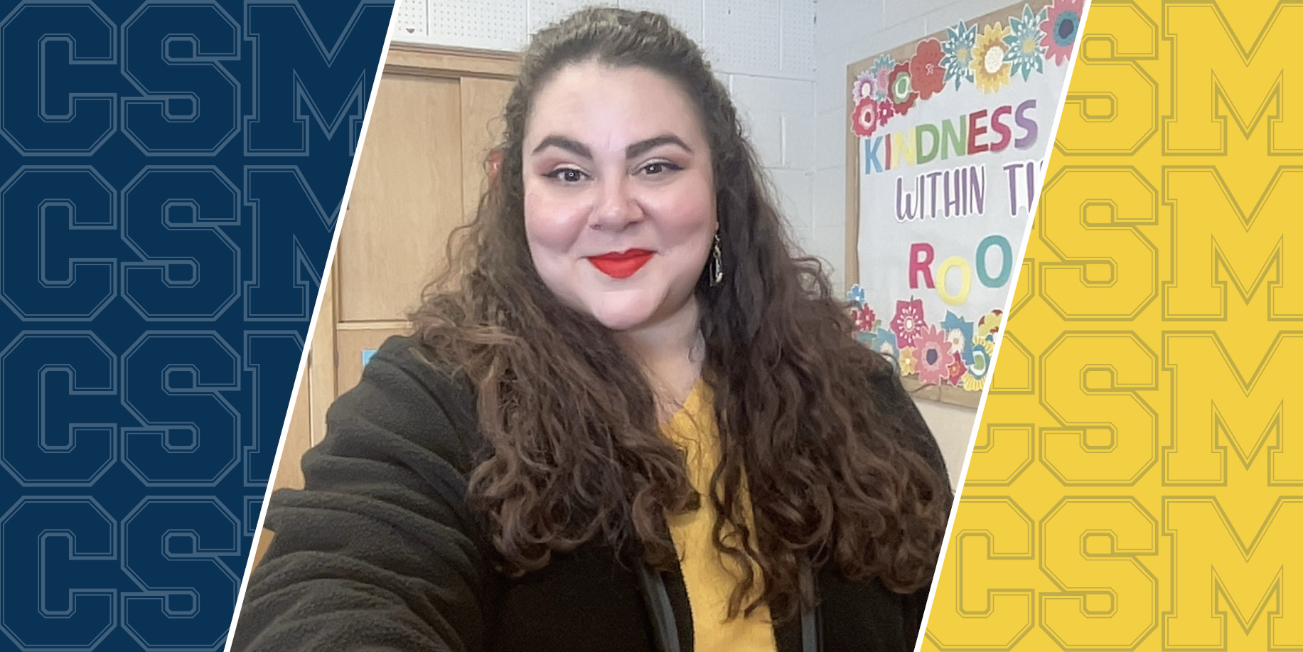 College of Saint Mary alum and Omaha Public Schools counselor Sarah Dragon stands in a classroom smiling.